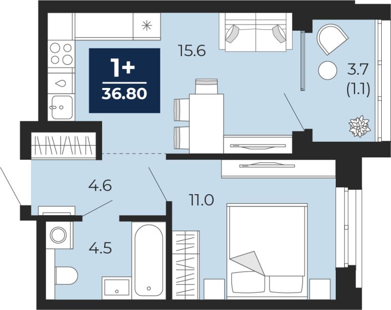 Планировка 1-комн. квартира, 36.8 м² — ЖК «Мириады»