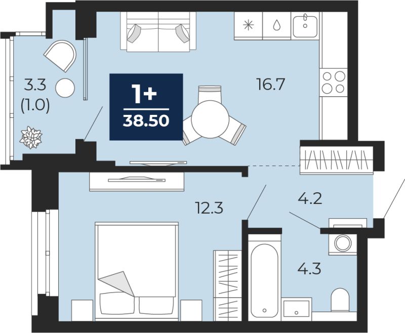 Планировка 1-комн. квартира, 38.5 м² — ЖК «Мириады»
