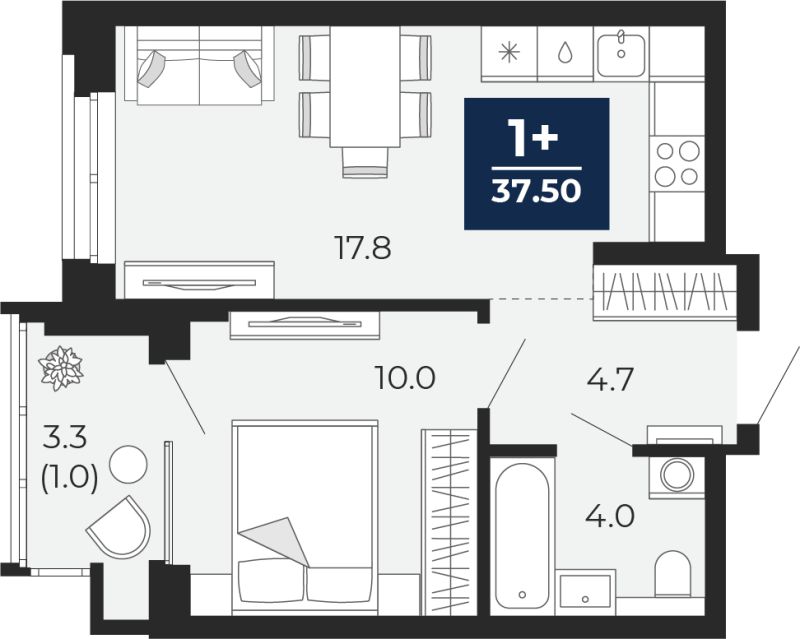 Планировка 1-комн. квартира, 37.5 м² — ЖК «Мириады»