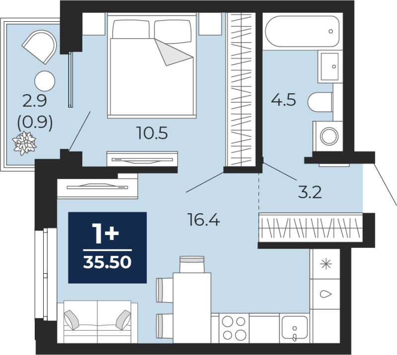 Планировка 1-комн. квартира, 35.5 м² — ЖК «Мириады»