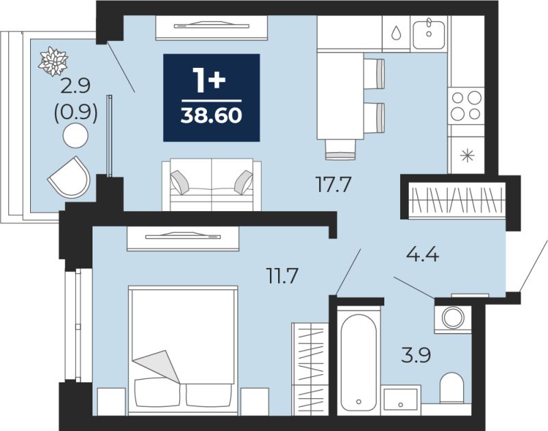 Планировка 1-комн. квартира, 38.6 м² — ЖК «Мириады»
