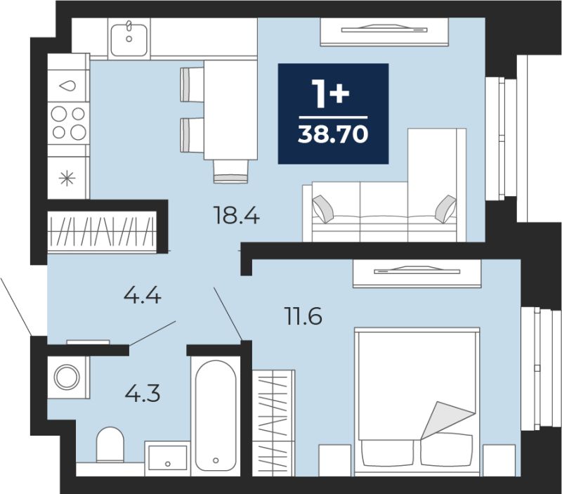Планировка 1-комн. квартира, 38.7 м² — ЖК «Мириады»