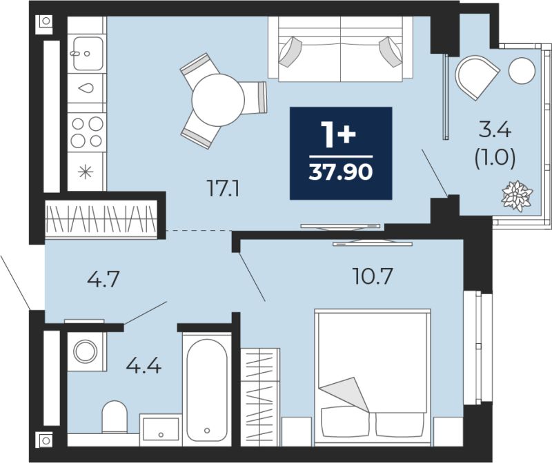 Планировка 1-комн. квартира, 37.9 м² — ЖК «Мириады»