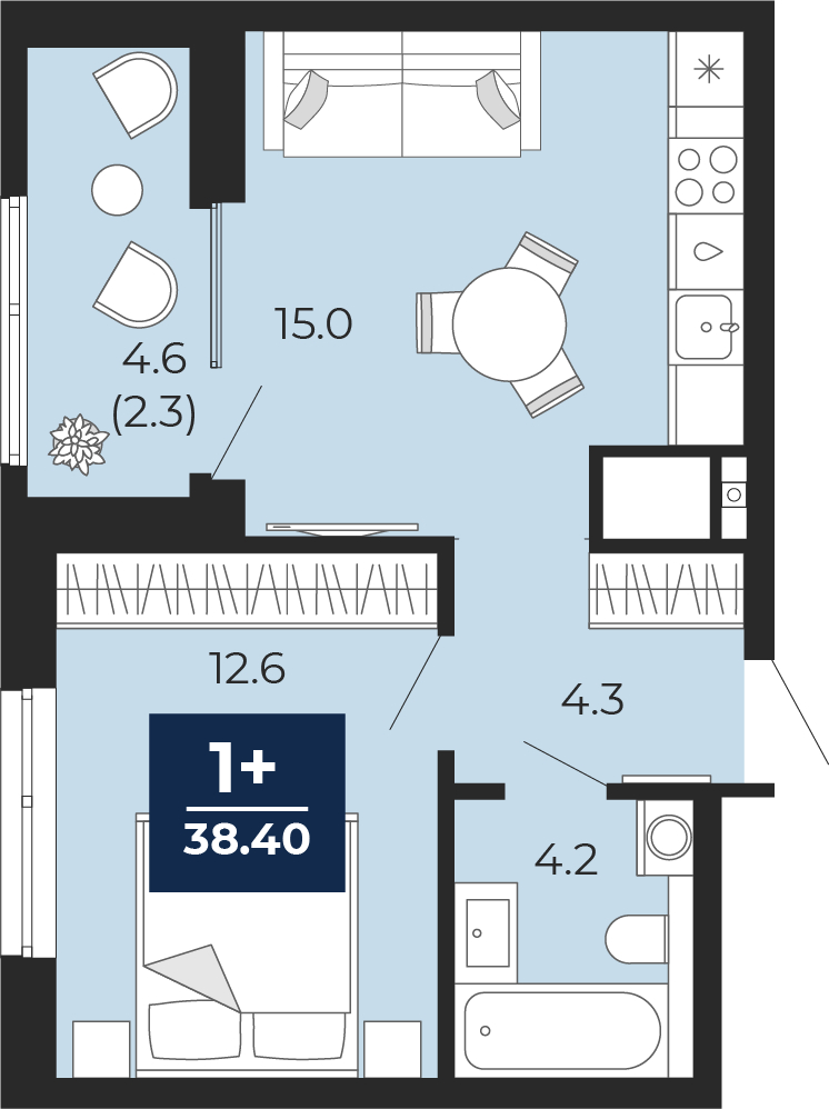 Планировка 1-комн. квартира, 38.4 м² — ЖК «Мириады»