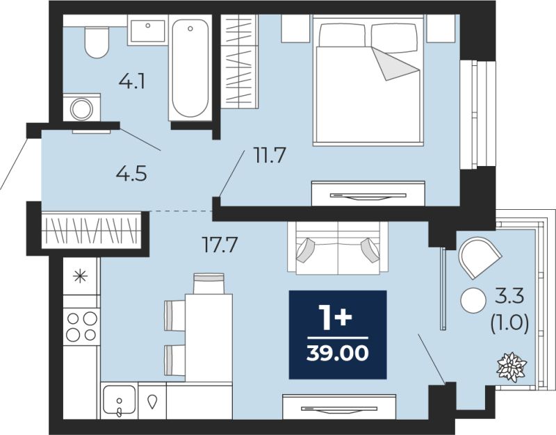 Планировка 1-комн. квартира, 39 м² — ЖК «Мириады»