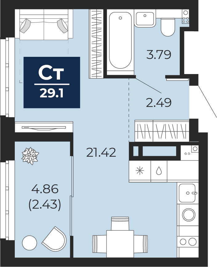 Планировка 1-комн. квартира, 29.1 м² — ЖК «Беринг»