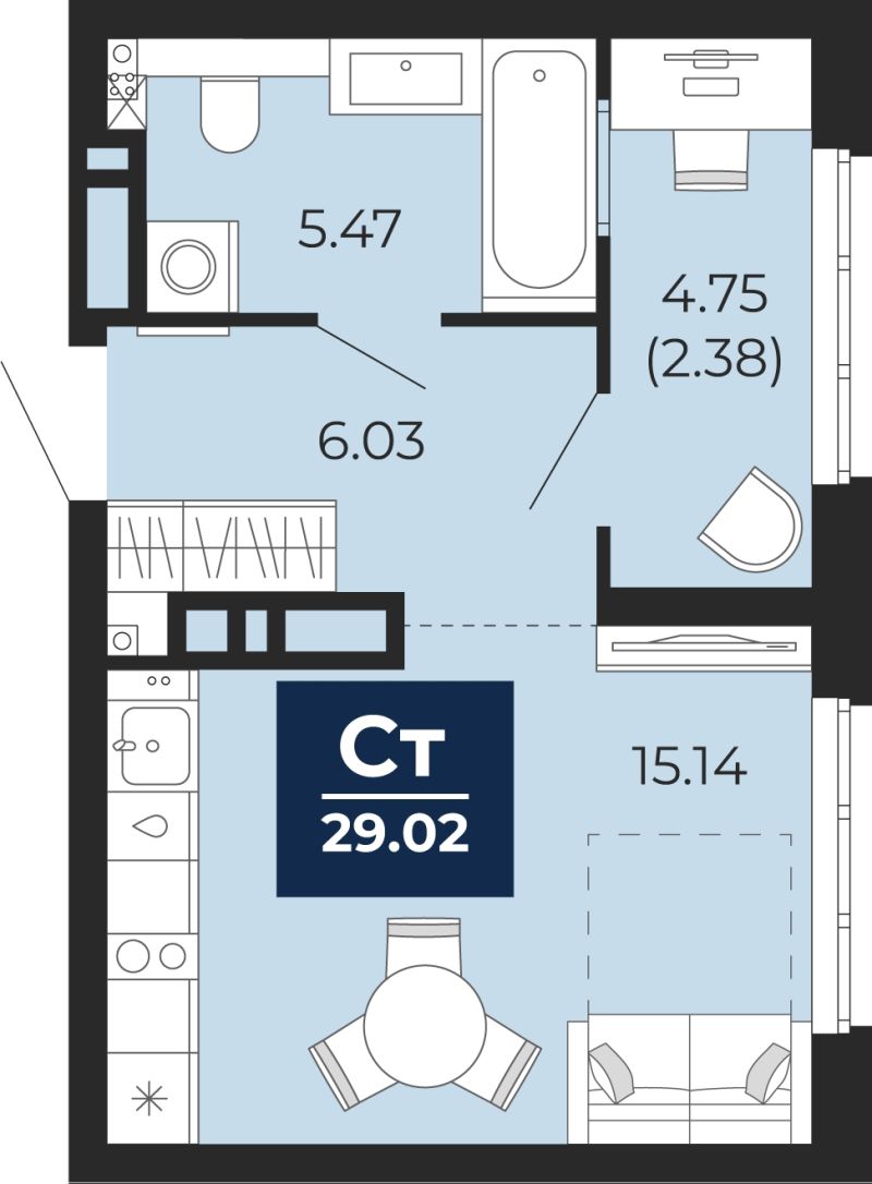 Планировка 1-комн. квартира, 29 м² — ЖК «Беринг»