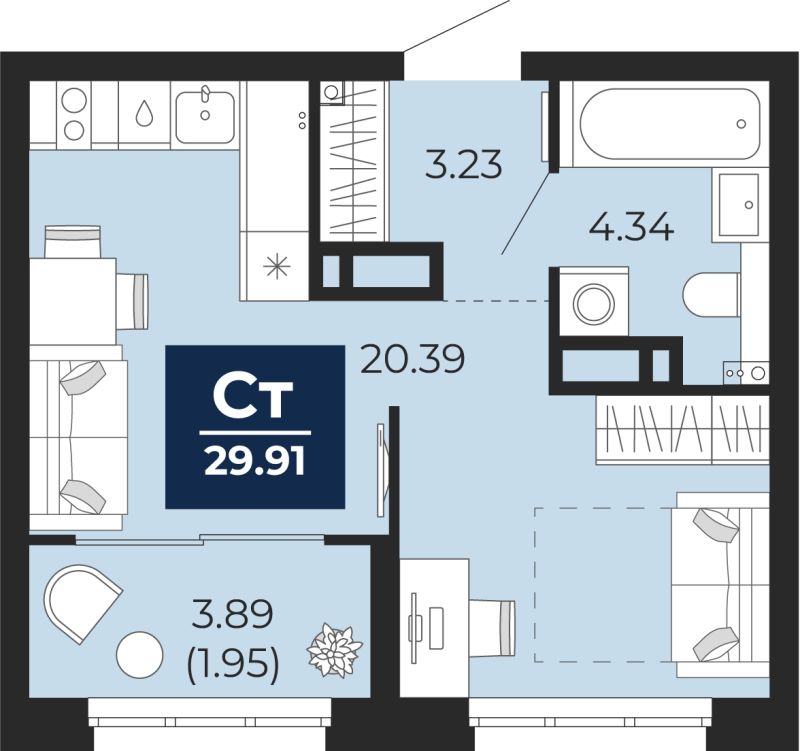 Планировка 1-комн. квартира, 29.9 м² — ЖК «Беринг»