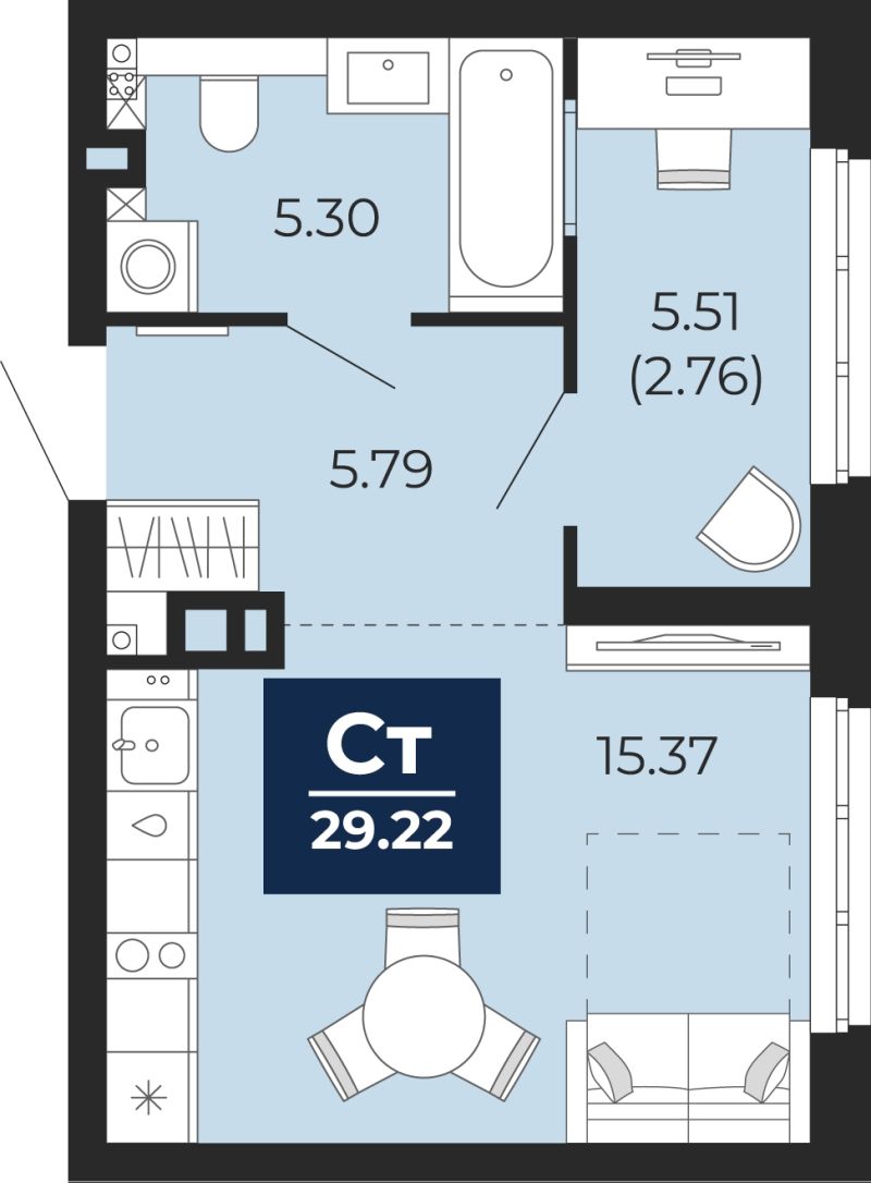 Планировка 1-комн. квартира, 29.2 м² — ЖК «Беринг»