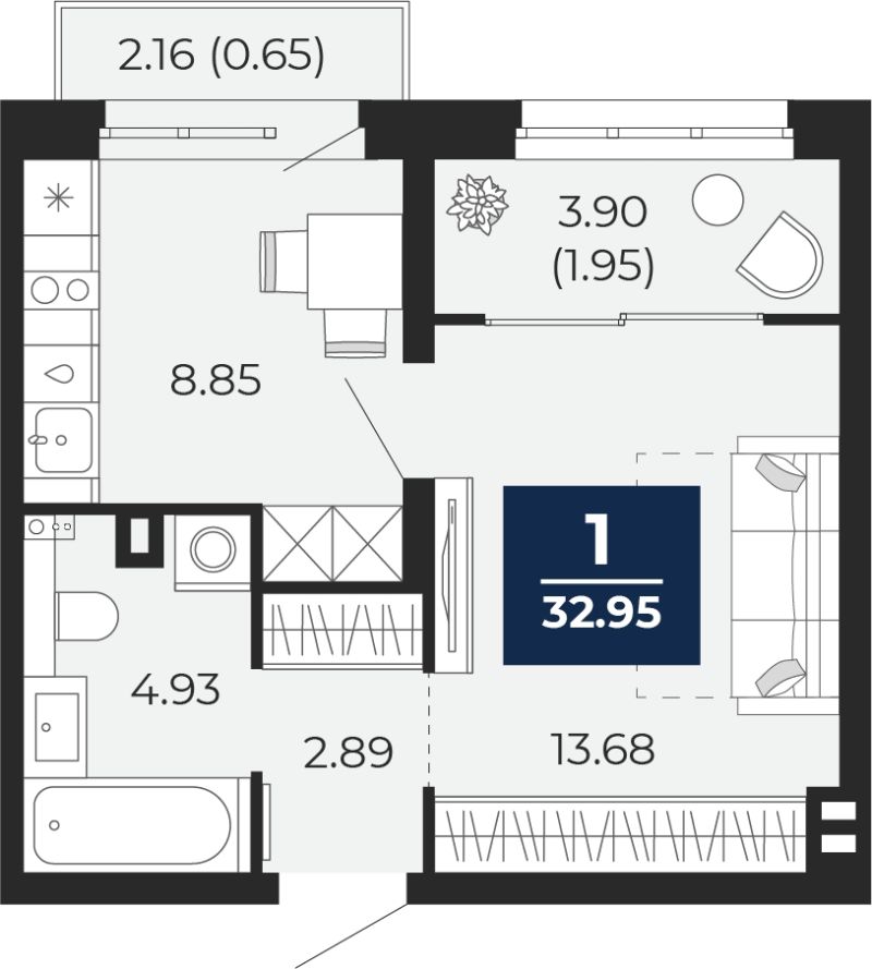Планировка 1-комн. квартира, 33 м² — ЖК «Беринг»