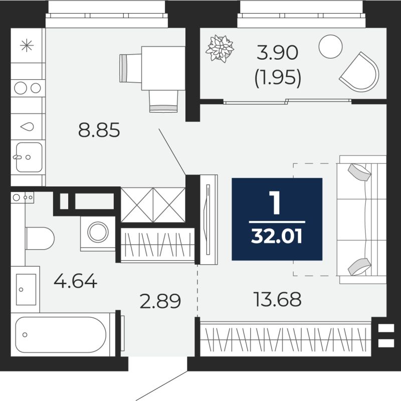 Планировка 1-комн. квартира, 32 м² — ЖК «Беринг»