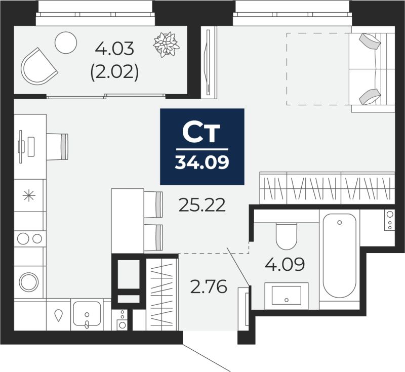 Планировка 1-комн. квартира, 34.1 м² — ЖК «Беринг»