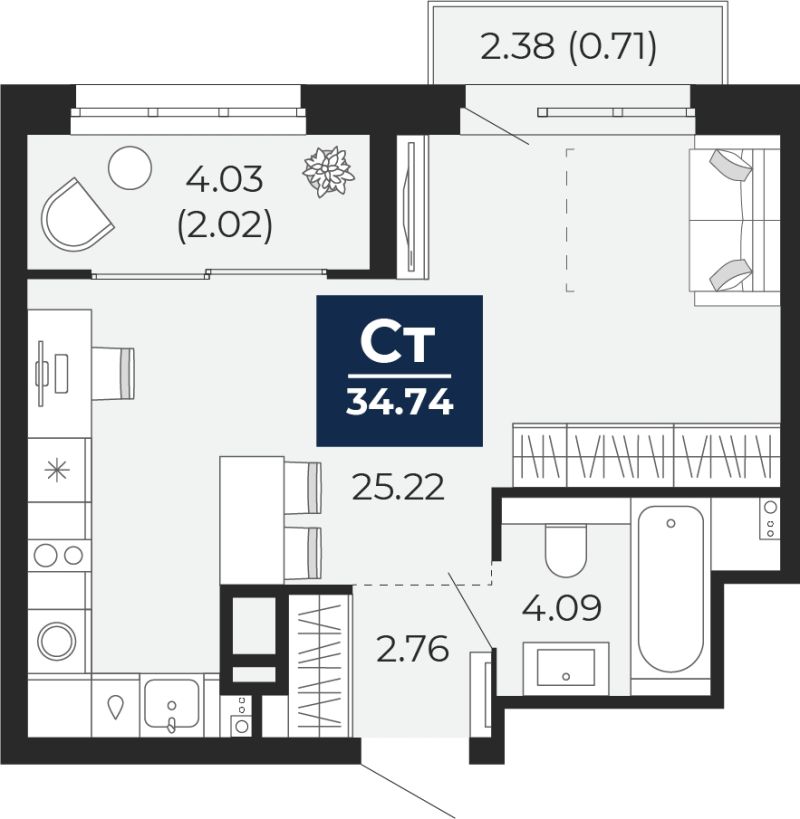 Планировка 1-комн. квартира, 34.7 м² — ЖК «Беринг»