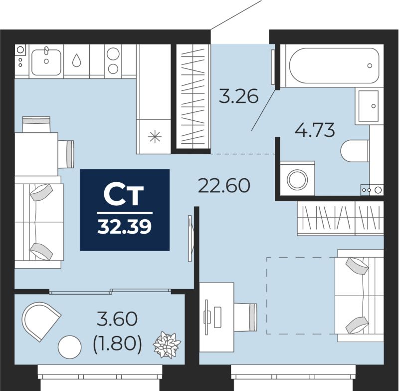 Планировка 1-комн. квартира, 32.4 м² — ЖК «Беринг»