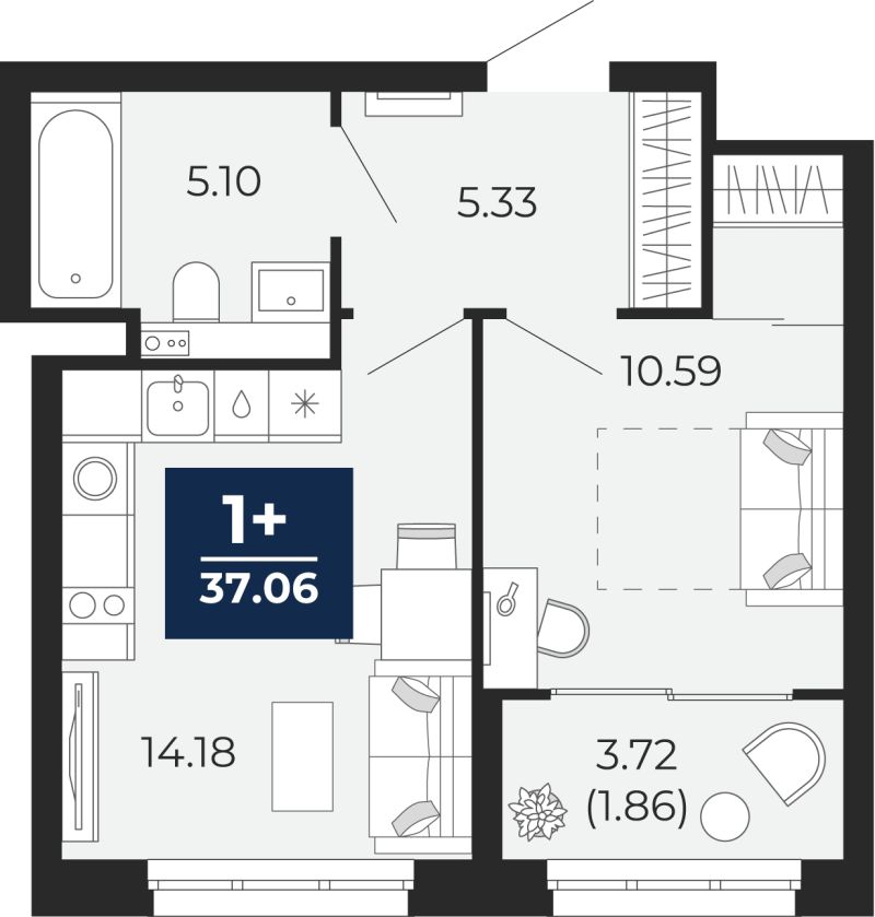 Планировка 1-комн. квартира, 37.1 м² — ЖК «Беринг»