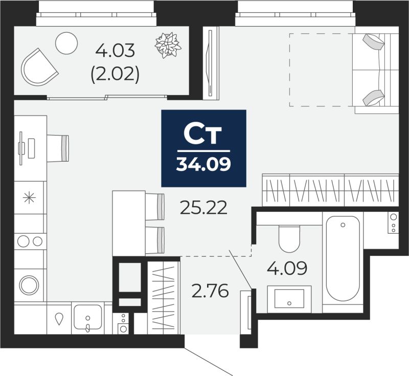 Планировка 1-комн. квартира, 32.1 м² — ЖК «Беринг»