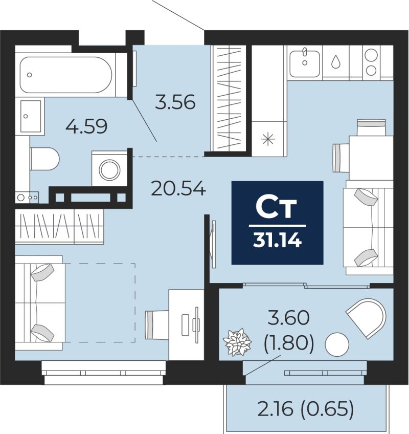 Планировка 1-комн. квартира, 31.1 м² — ЖК «Беринг»
