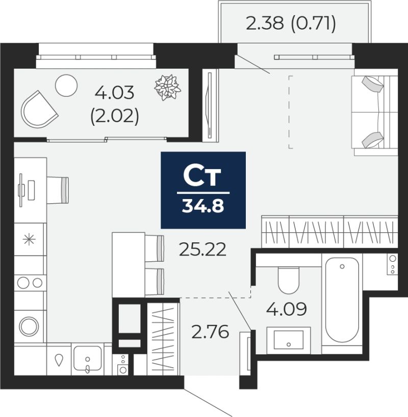 Планировка 1-комн. квартира, 34.8 м² — ЖК «Беринг»