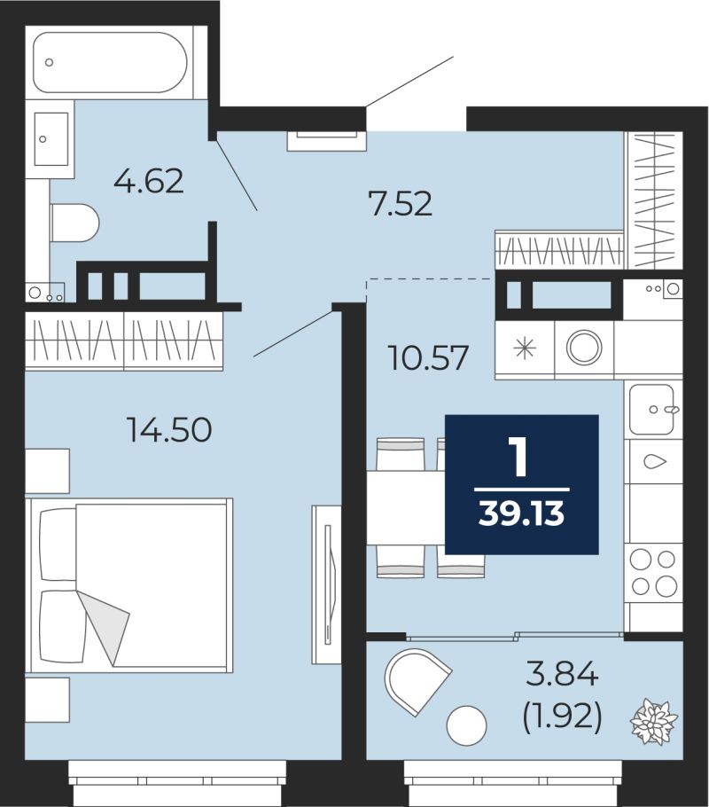 Планировка 1-комн. квартира, 39.1 м² — ЖК «Беринг»