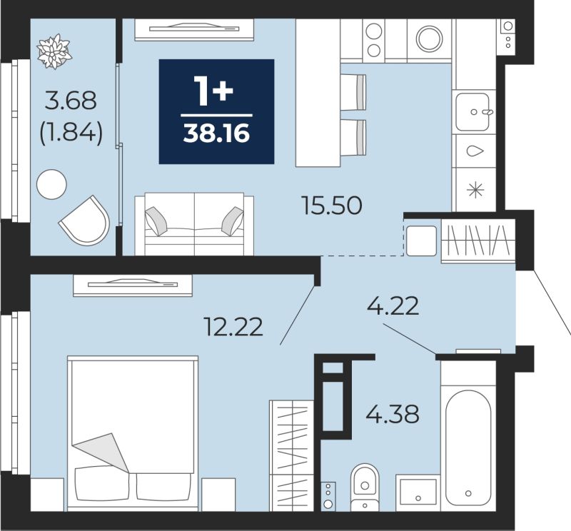 Планировка 1-комн. квартира, 38.2 м² — ЖК «Беринг»