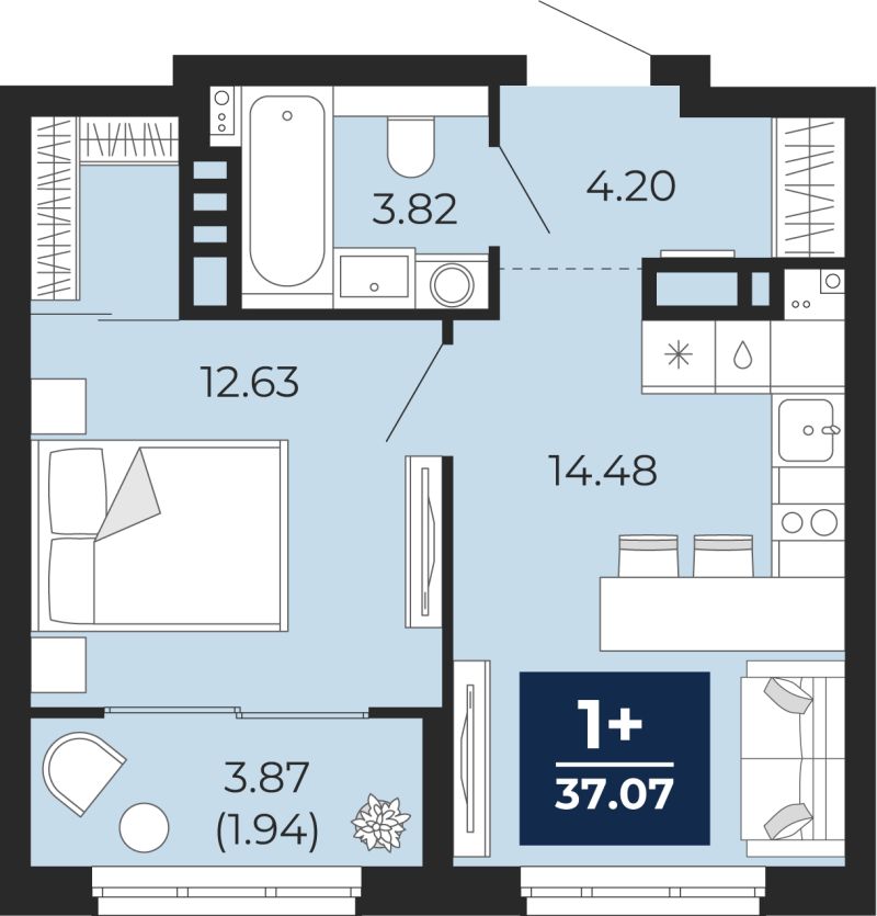 Планировка 1-комн. квартира, 37.1 м² — ЖК «Беринг»