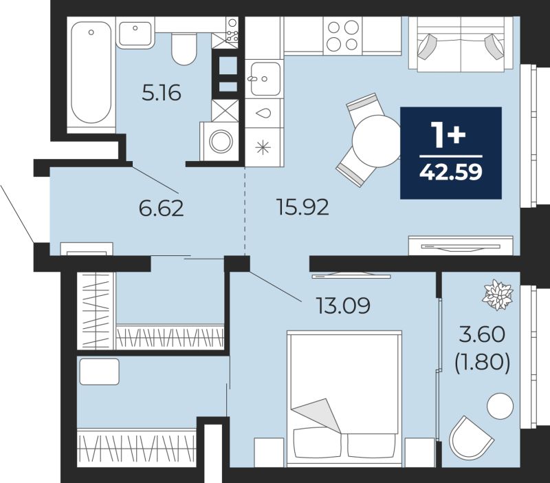 Планировка 1-комн. квартира, 42.6 м² — ЖК «Беринг»
