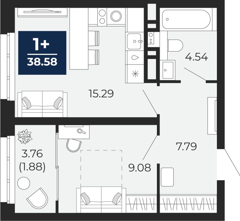 Планировка 1-комн. квартира, 38.6 м² — ЖК «Беринг»