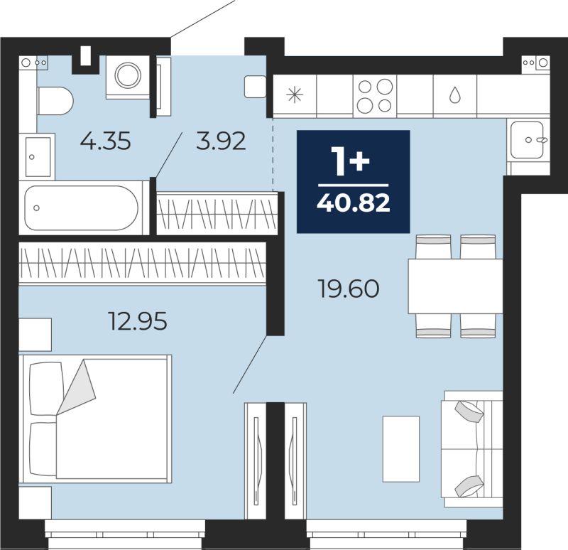 Планировка 1-комн. квартира, 40.8 м² — ЖК «Беринг»