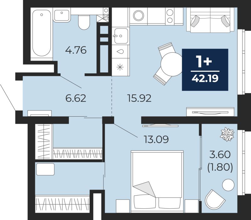 Планировка 1-комн. квартира, 42.2 м² — ЖК «Беринг»