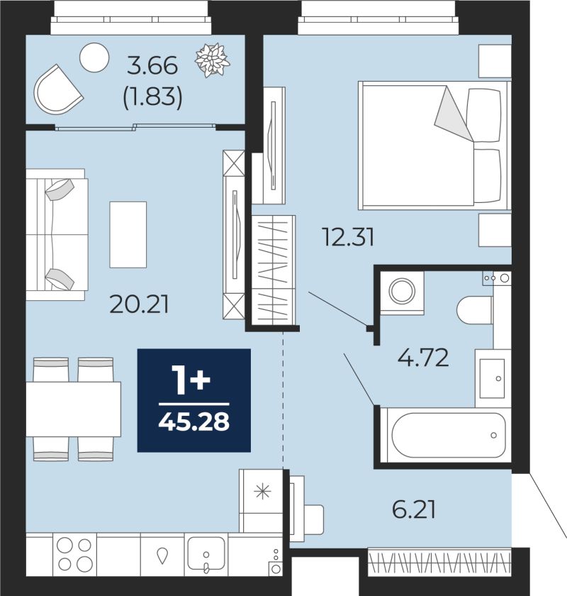 Планировка 1-комн. квартира, 45.3 м² — ЖК «Беринг»