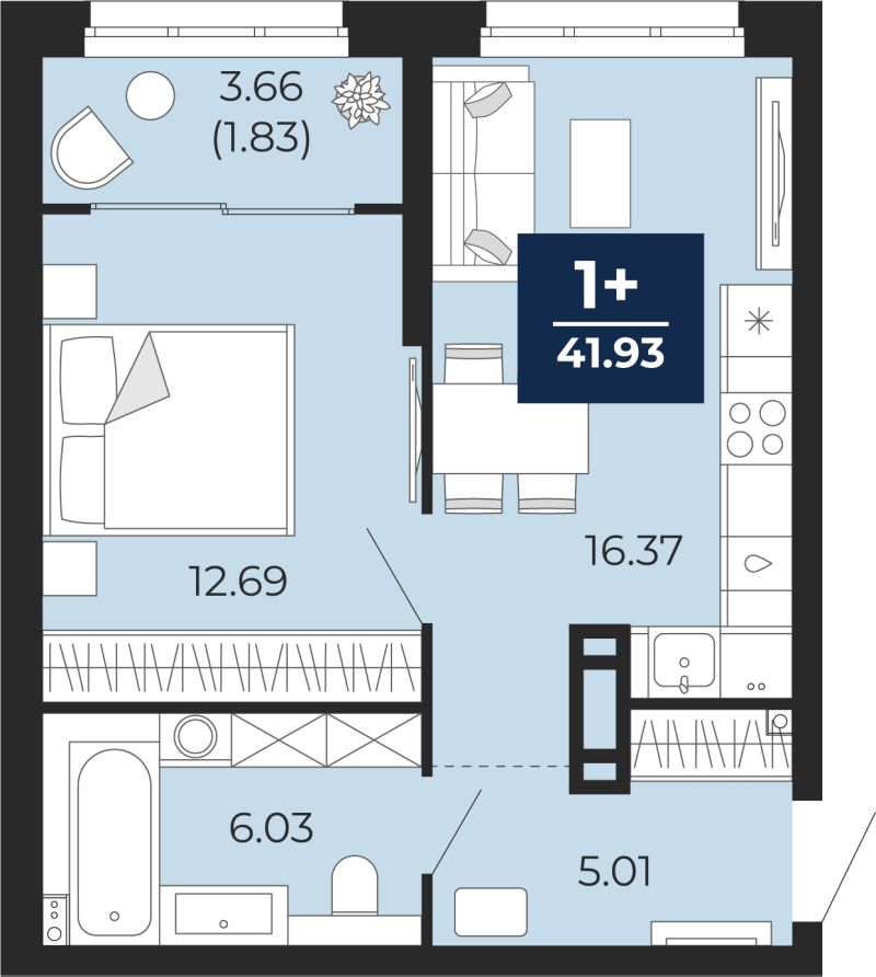 Планировка 1-комн. квартира, 41.9 м² — ЖК «Беринг»