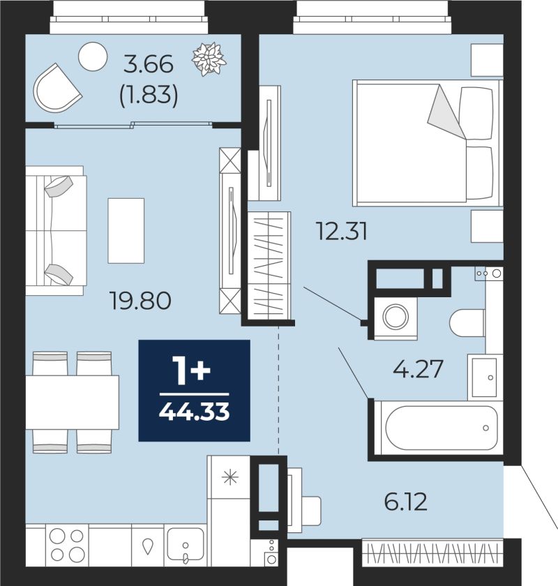 Планировка 1-комн. квартира, 44.3 м² — ЖК «Беринг»