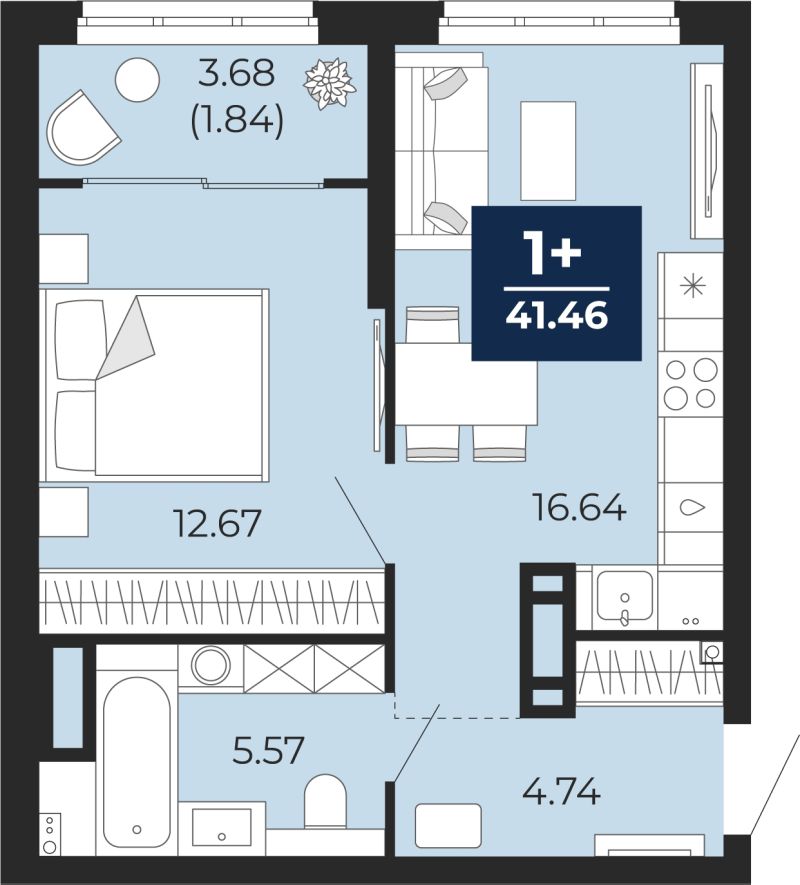 Планировка 1-комн. квартира, 41.5 м² — ЖК «Беринг»