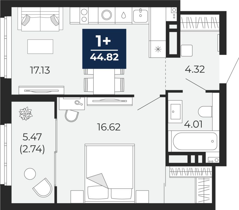 Планировка 1-комн. квартира, 44.8 м² — ЖК «Беринг»