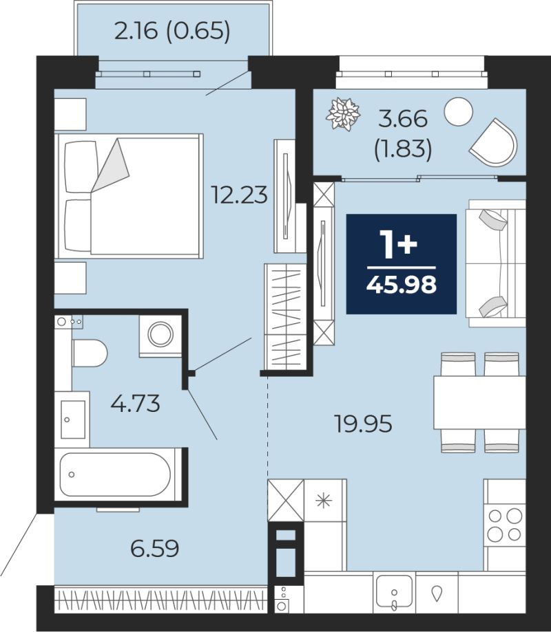 Планировка 1-комн. квартира, 46 м² — ЖК «Беринг»