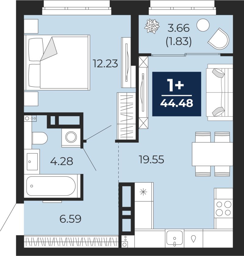 Планировка 1-комн. квартира, 44.5 м² — ЖК «Беринг»