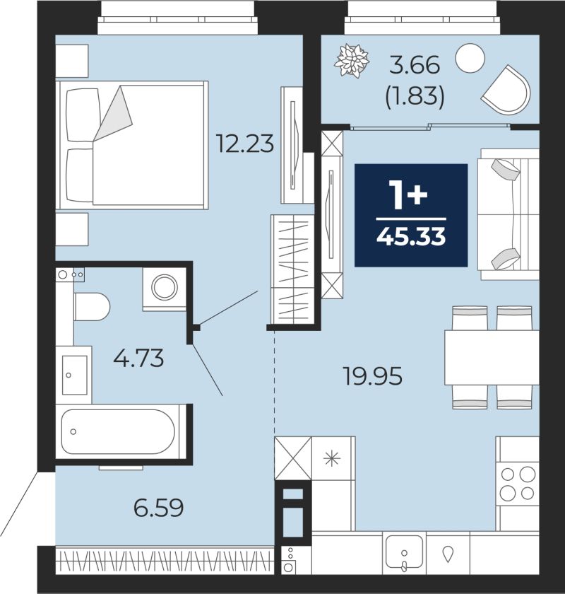 Планировка 1-комн. квартира, 45.3 м² — ЖК «Беринг»