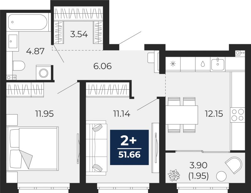 Планировка 2-комн. квартира, 51.7 м² — ЖК «Беринг»