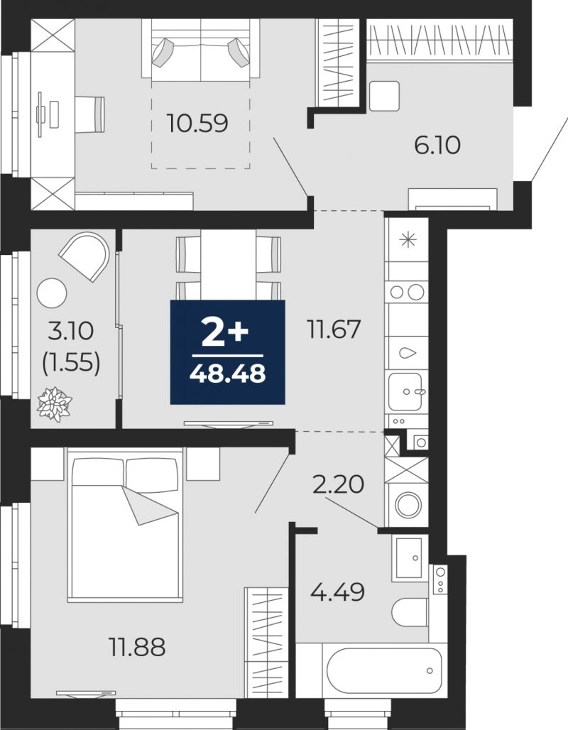 Планировка 2-комн. квартира, 48.5 м² — ЖК «Беринг»