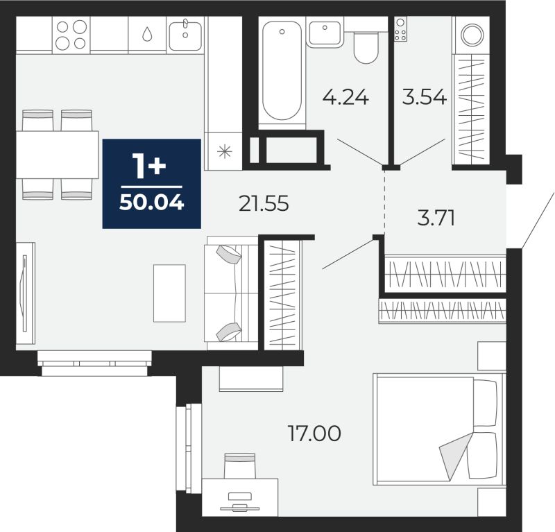 Планировка 1-комн. квартира, 50 м² — ЖК «Беринг»