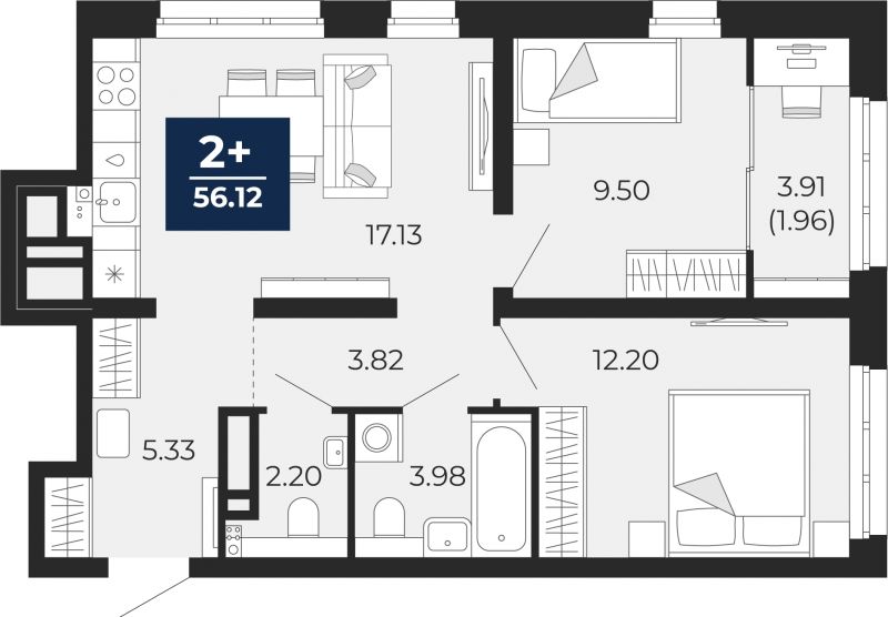 Планировка 2-комн. квартира, 56.1 м² — ЖК «Беринг»