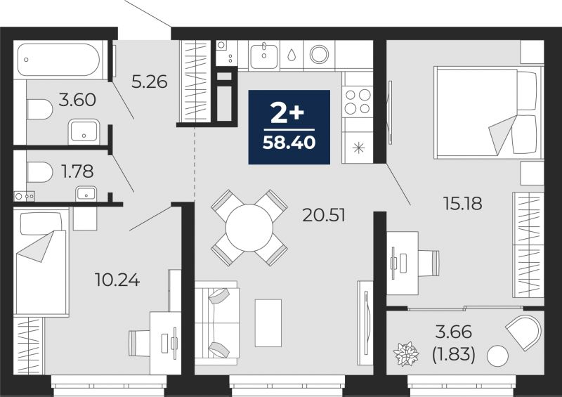 Планировка 2-комн. квартира, 58.4 м² — ЖК «Беринг»