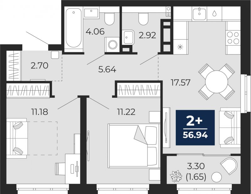 Планировка 2-комн. квартира, 56.9 м² — ЖК «Беринг»