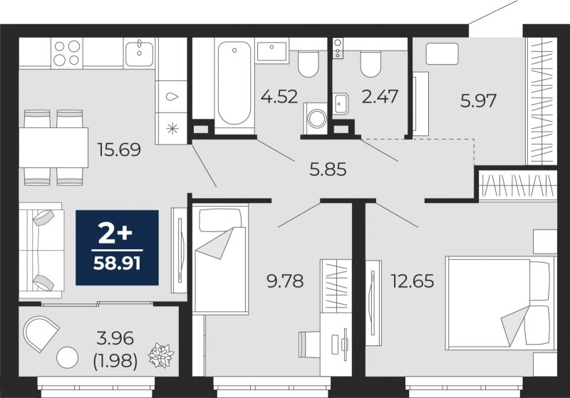 Планировка 2-комн. квартира, 58.9 м² — ЖК «Беринг»