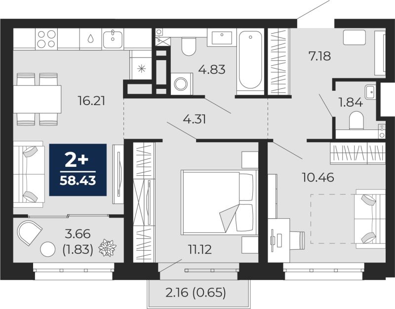 Планировка 2-комн. квартира, 58.4 м² — ЖК «Беринг»
