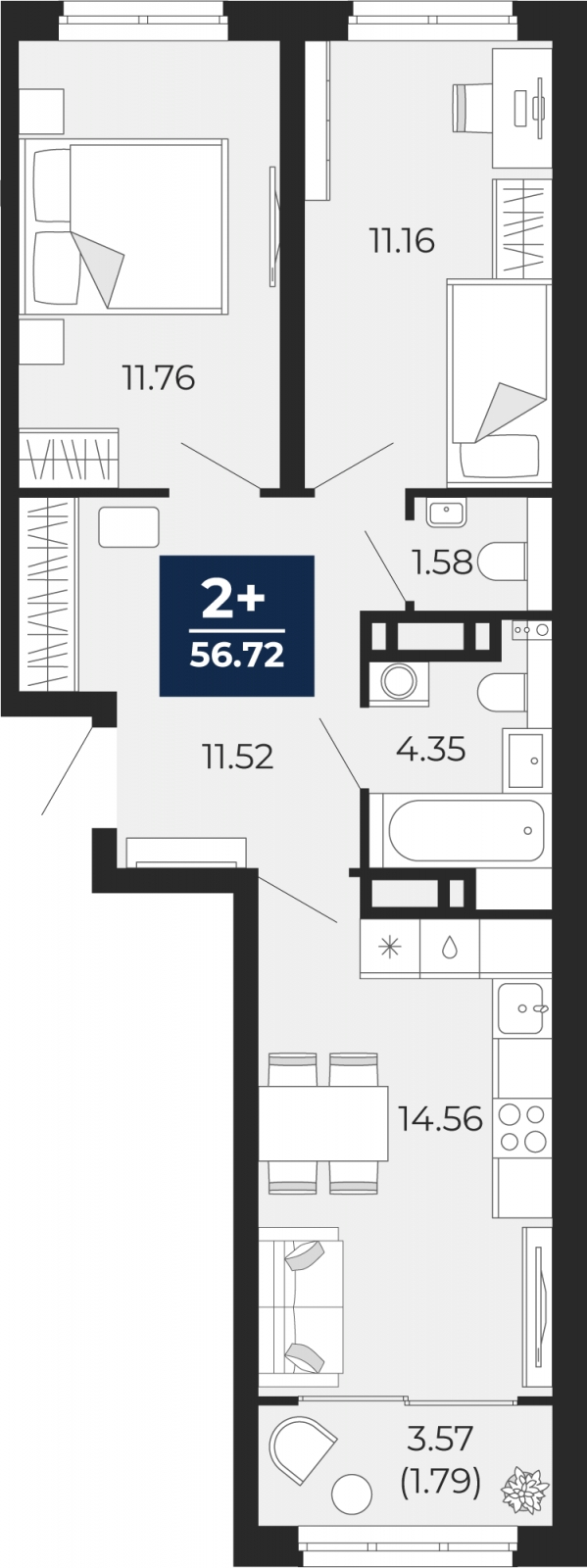 Планировка 2-комн. квартира, 56.7 м² — ЖК «Беринг»