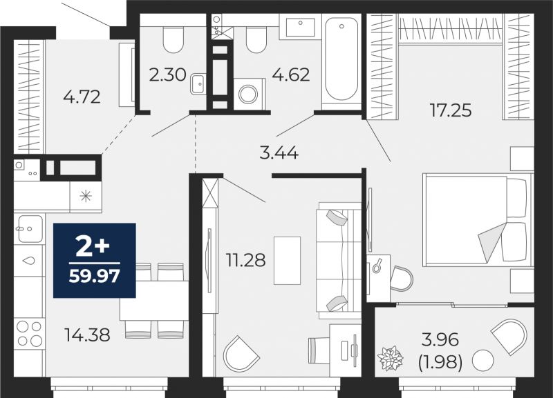 Планировка 2-комн. квартира, 60 м² — ЖК «Беринг»