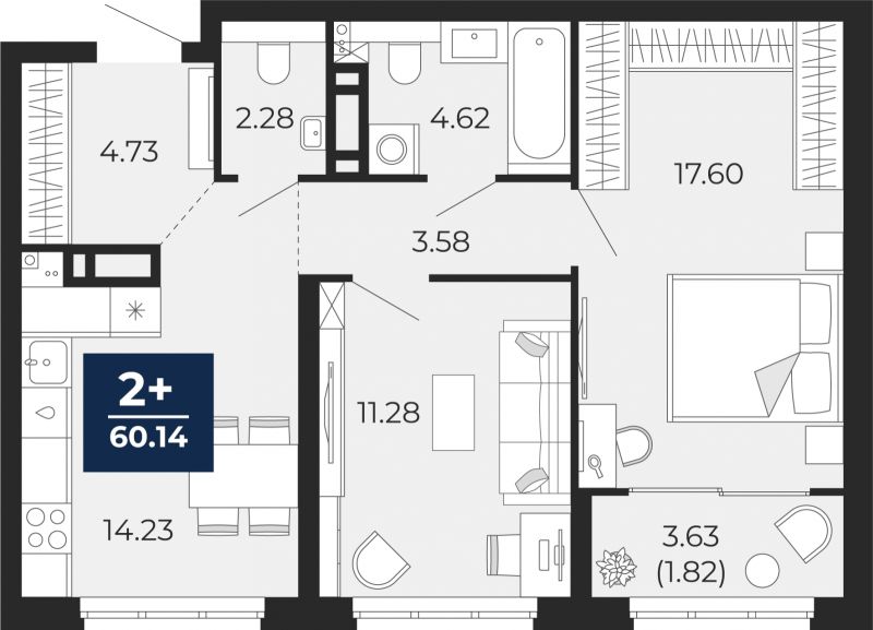 Планировка 2-комн. квартира, 60.1 м² — ЖК «Беринг»
