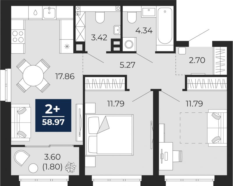 Планировка 2-комн. квартира, 59 м² — ЖК «Беринг»