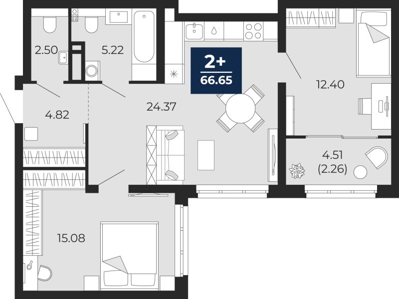 Планировка 2-комн. квартира, 66.7 м² — ЖК «Беринг»